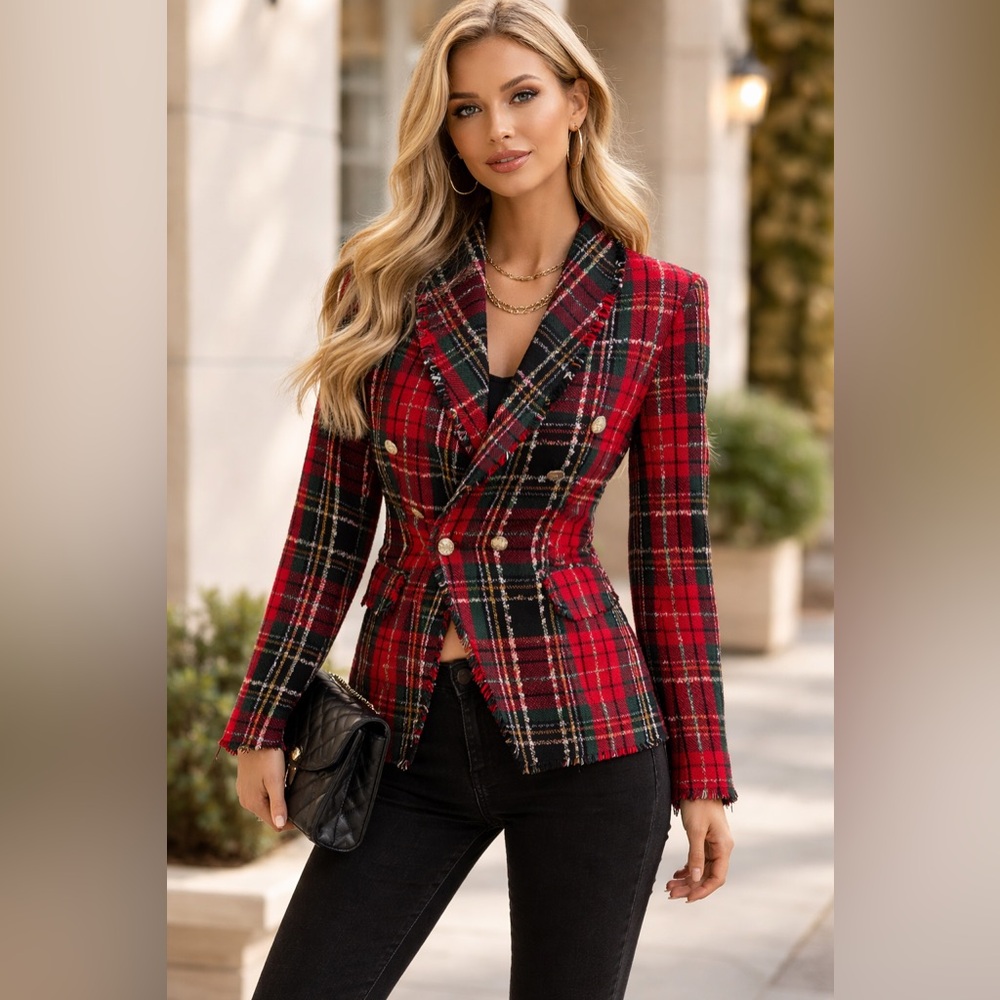 Red Plaid Tweed Blazer Preppy Chic